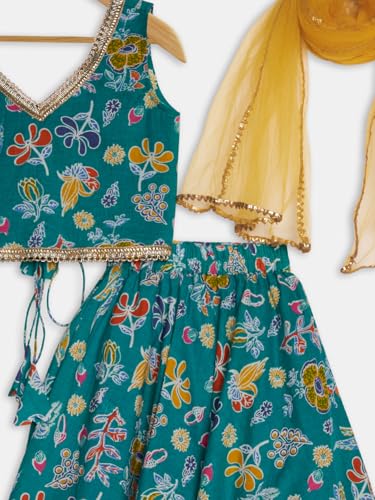 studio rasa Girls Cotton Printed Embellished Bias Lehenga Set for Festive Wedding Party(GLC62502/5-6_Green_5-6 Y)