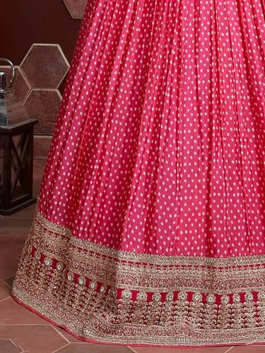 Zeel Clothing Women's Bandhani Print & Heavy Embroidery Silk New Semi Stitched Lehenga Choli With Dupatta (101-Pink-Wedding-Stylish-Lehenga-Choli; Free Size)