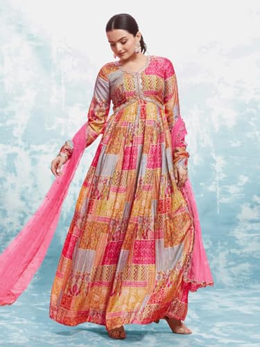 FUSIONIC Elegant Coral Print Gown with Dupatta