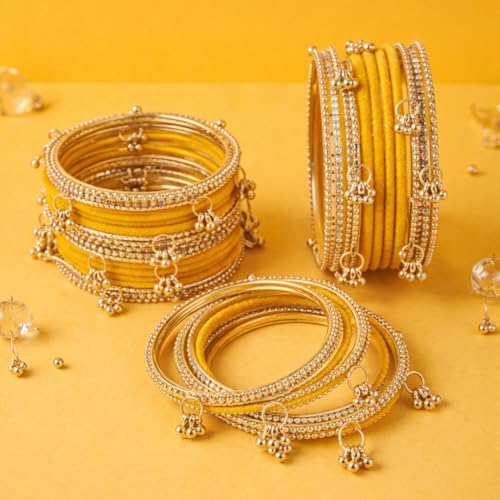 Shining Diva Fashion 20 Pcs Traditional Stylish Ghungroo Velvet Kashmiri Bangles Set for Women & Girls (17415b_2.6) (Yellow)