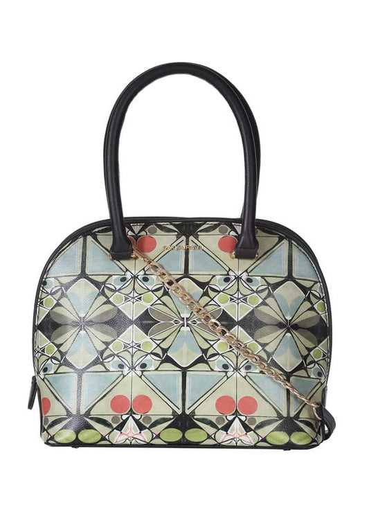 Satya Paul Green Emerald Green Teal PU Printed D Shape Handbags for Women