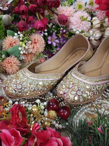 Fulkari Women Miraj Mirror Gold Formal Genuine Soft Leather Jutis | Bite and Pinch Free Juttis | Punjabi Jutti | Girl's Wedding Flat Ladies Mojari Ethnic Juti | 39