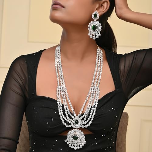 VOYLLA Glorious Green American Diamond Necklace Set|Necklace Set For Women|Women Necklace Set |Gold Necklace Set For Women|American Diamond|Festival|Diwali|Party|Wedding|Gift For Women|