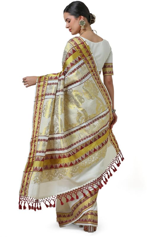 Soch Womens Cream Cotton Blend Woven Design Kasavu Saree With Tassels