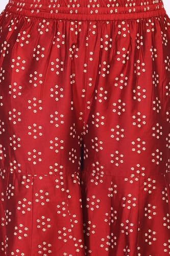 W for Woman Red Bandhni Print Zari Embellished Straight Art Silk Kurta with Sharara and Dupatta Set (WS13171-126692-2XL)