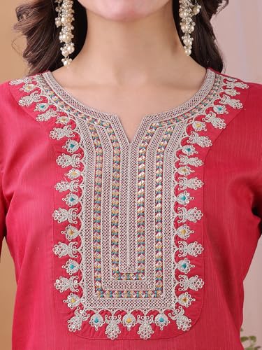 Hritika Pink Cotton Blend Embroidered Kurta with Pants and Dupatta Set | Ethnic Set | Suit Set | Kurta Set | Wedding Suit Set for Women