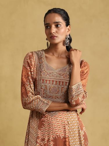 Ritu Kumar Rust Micro Print Embroidered Kurta With Palazzo And Dupatta