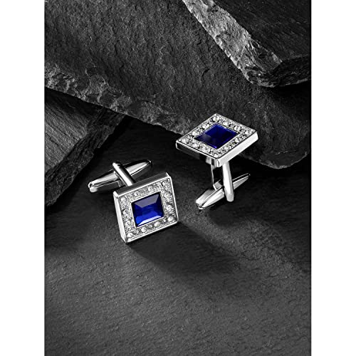 Peora Silver Plated Ocean Blue Navy Swarovski Crystal Square Cufflinks for Men Boys Business Gift