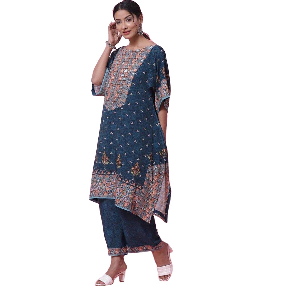 BIBA WOMEN PRINTED STRAIGHT SALWAR KURTA DUPATTA(SKDKAFTAN K7843_TEAL_42)