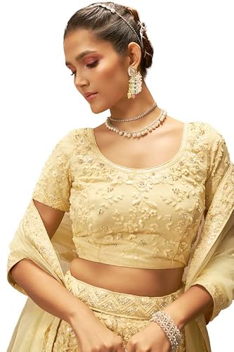 Soch Womens Yellow Net Floral Embroidered Sequin Embellished Unstitched Lehenga Set