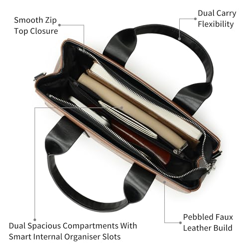 Fastrack Midnight Mocha Satchel | Women’s Pebbled Faux-Leather Satchel | Dual Compartments, Centre Zip Divider & dual carry option