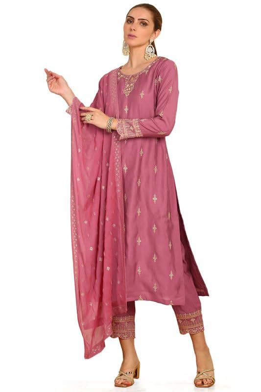 Soch Womens Onion Pink Ethnic Motifs Embroidered Chanderi Suit Set