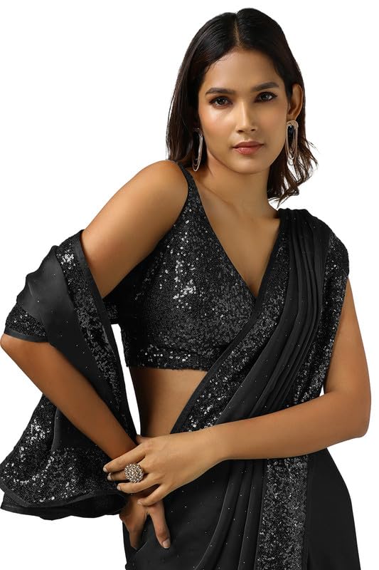 Soch Womens Black Satin Saree With Stones And Sequins