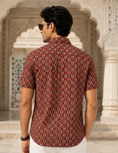 Majestic Man Men's Printed Pure Cotton Casual Shirt | Half Sleeve | Slim Fit | Collared Neck | Sanganeri/Jaipuri/Prints (in, Alpha, 2XL, Plus, Bright Rust)