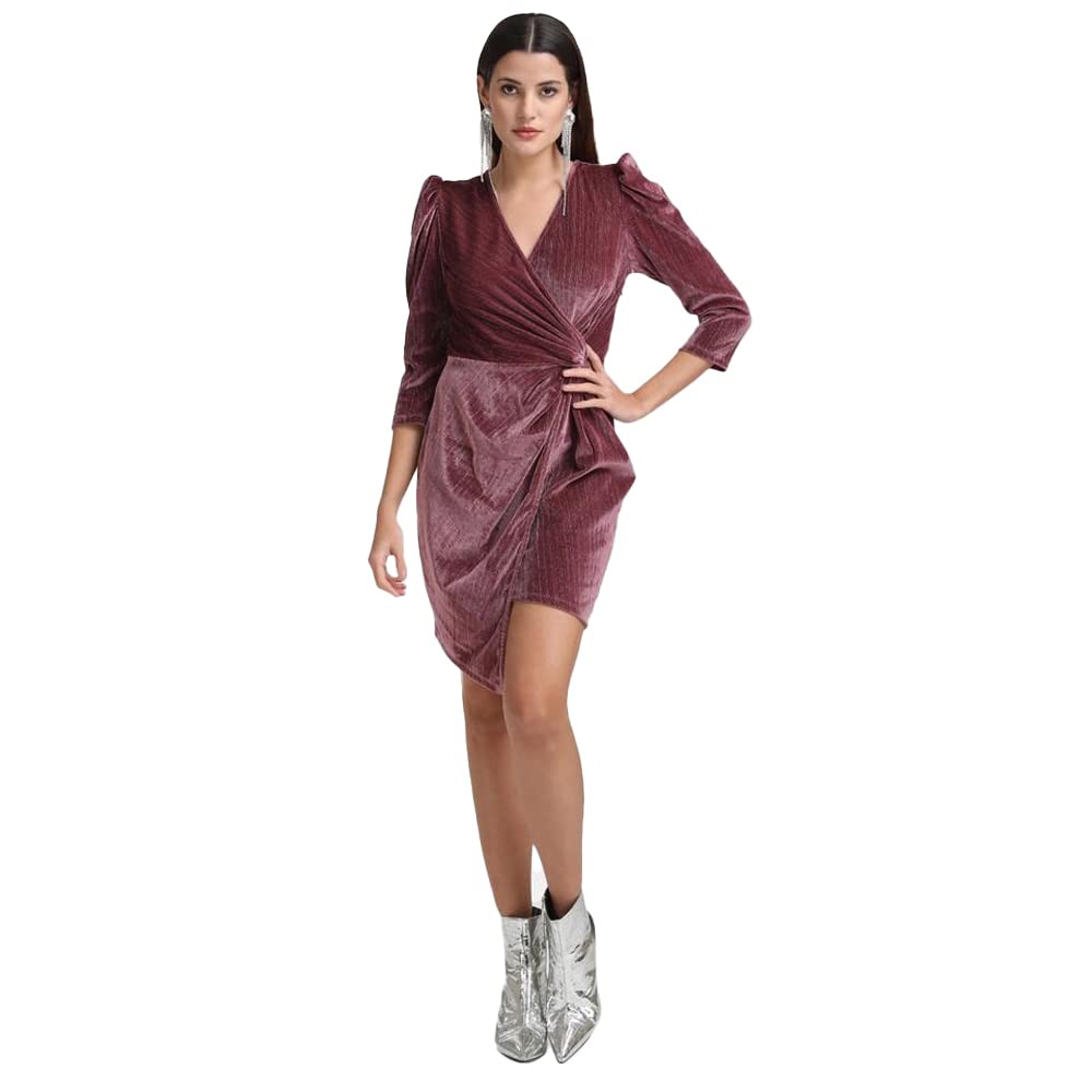 Kazo Solid Polyester Blend V Neck Women's Mini Dress (Purple,Large)