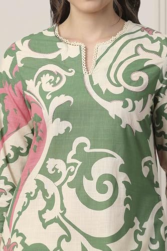 Biba Women Green Cotton Straight Suit Set_32