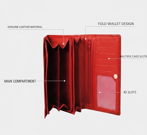 Calfnero Women's Genuine Leather Wallet-Long Purse Wallet with Multiple Card Slots, Zip Pocket and Note Compartment (Red)