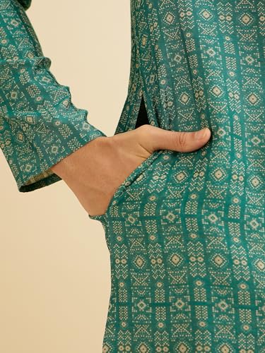 Manyavar Men's Cotton Blend Printed Kurta Set (Green,XXL)