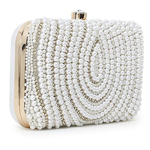Anekaant Adorn White & Gold Pearl Embellished Faux Silk Clutch for Women | Bridal Bag | Party, Wedding & Festive Accessory