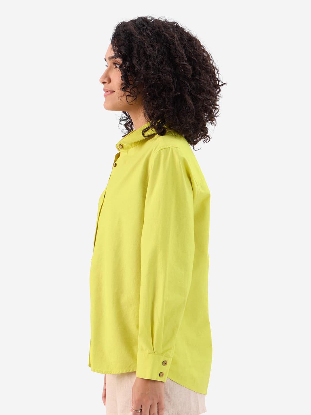 The Souled Store Lime Green: Women & Girls Long Sleeve Collared Neck Button Down Regular Fit Cotton Linen Shirts
