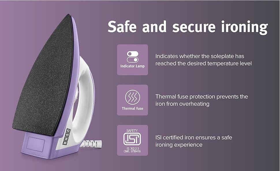 USHA Armor 1100 watts Dry Iron with Shock Proof Plastic Body | Single Coat Black Non Stick Soleplate for Longer Durability|Overheat Safety Shutoff |180° Swivel Cord | 2 Years Warranty|(Purple & White)