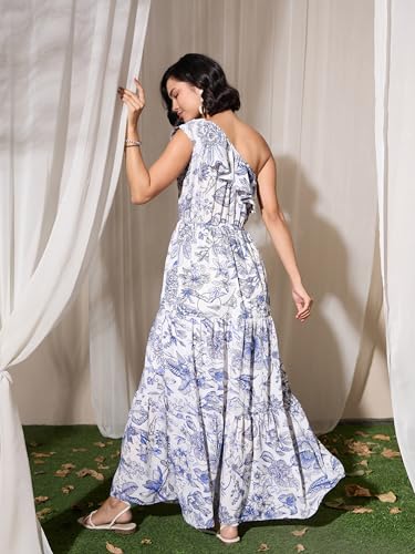 barcino Blue Floral Print One Shoulder Maxi Dress