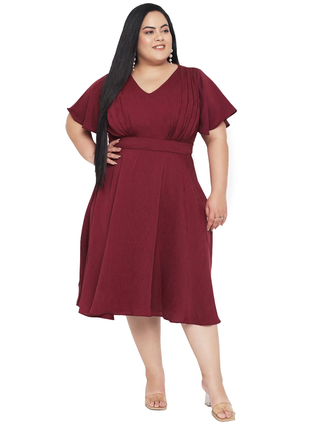wild U Women Plus Size Premium Textured Butterfly Sleeve Premium Satin Midi Dress (Maroon, Size : 3XL)