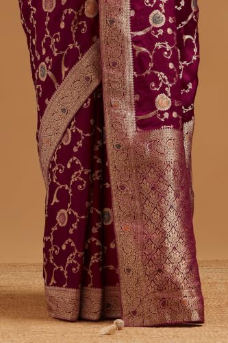 Soch Womens Wine Satin Botanical Zari Woven Saree