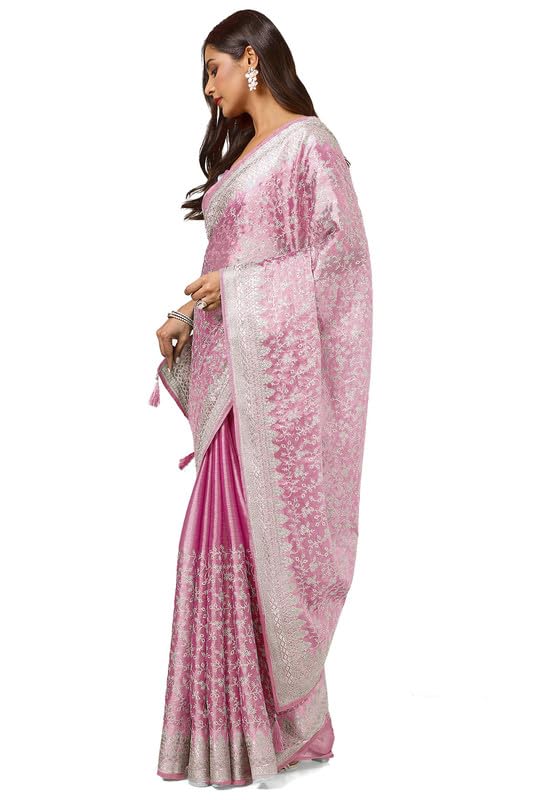 Soch Womens Onion Pink Organza Embroidered Saree With Stone Work