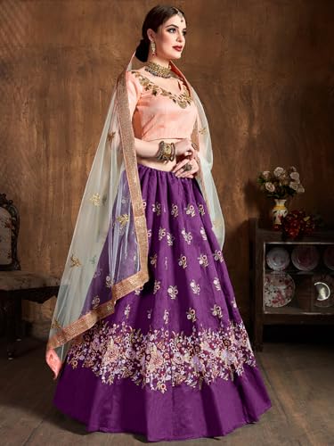 Zeel Clothing Women's Sequins Resham Thread Embroidery Raw Silk New Semi Stitched Lehenga Choli With Dupatta (7013-Purple-Wedding-Stylish-Lehenga-Choli; Free Size)