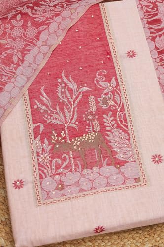 Soch Womens Peach Chanderi Botanical Print Unstitched Dress Material With Sequins