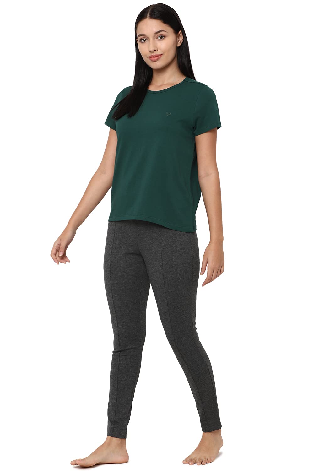 Allen Solly Women's Cotton Solid Regular Fit T-Shirt (Ahkccrgpf98920-M_Teal M)