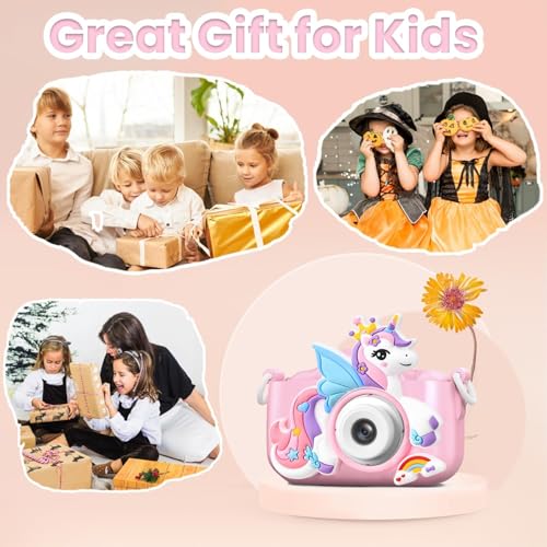 CAMKORY Kids Camera Digital Camera for Age 3-8,1080P HD Video Selfie Toddler Camera with Soft Cover, Christmas Birthday Gifts for Kids - 32GB SD Card - Pink, Light Pink