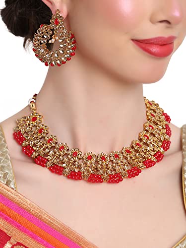 Shining Diva Fashion Latest Stylish Traditional Fancy Kundan Choker Necklace Set for Women (11596s, Red)