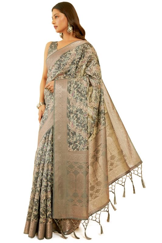 Soch Womens Charcoal Ethnic Motifs Print Jacquard Chanderi Saree