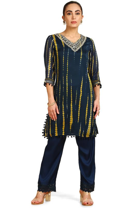 Soch Womens Blue Abstract Print Chinon Suit Set with Faux Mirrors & Sequins