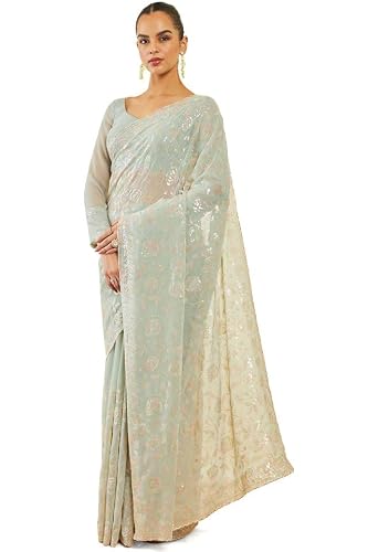 Soch Womens Sap Green Georgette Saree With Floral Embroidery And Sequins
