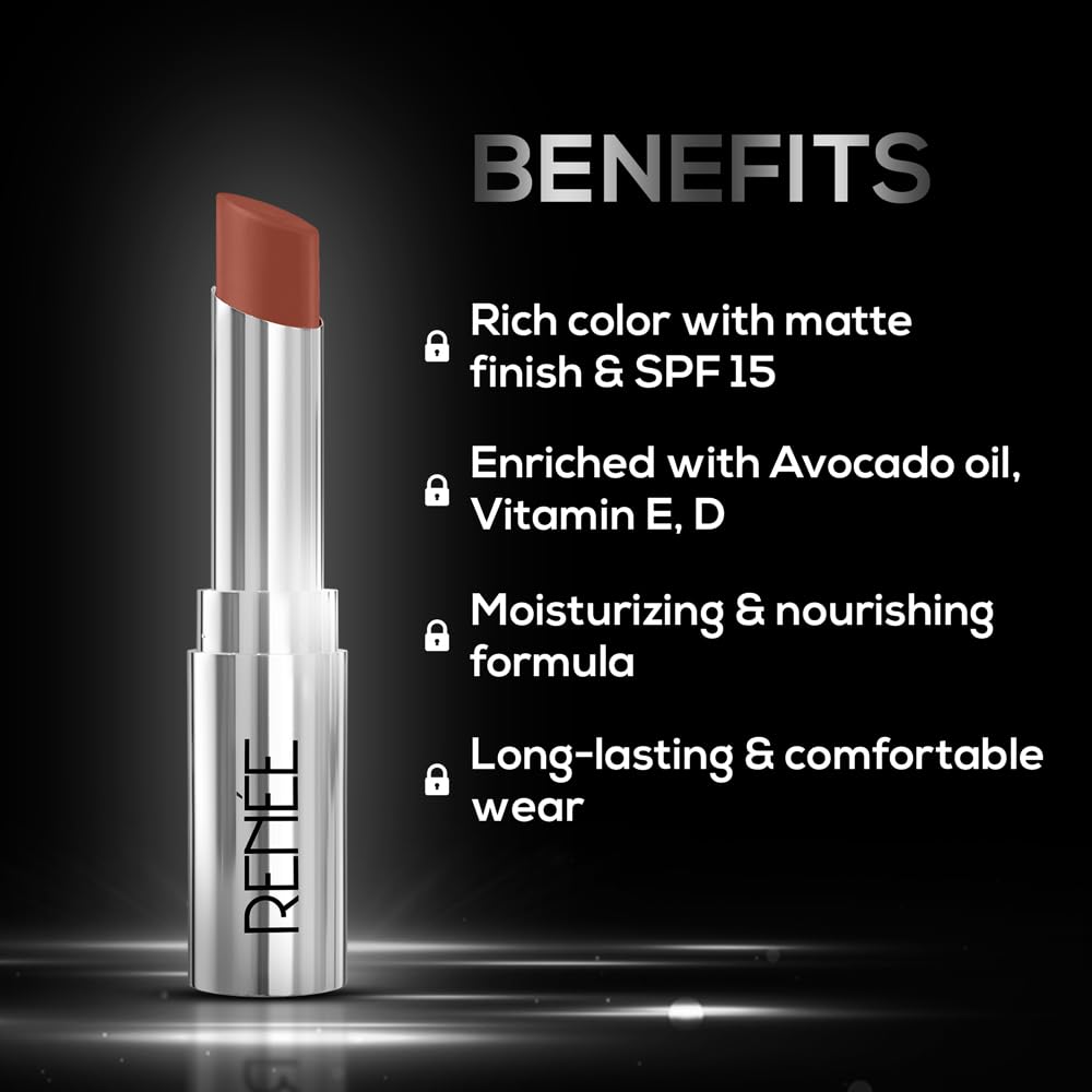 RENEE Matte Lock Lipstick - Soul, Moisturizing, Long Lasting & Weightless Formula, Intense Color Pay Off with Ultra-Matte Finish, Enriched with Avocado oil, Vitamin E, D & Beta-Carotene, 3.5 Gm