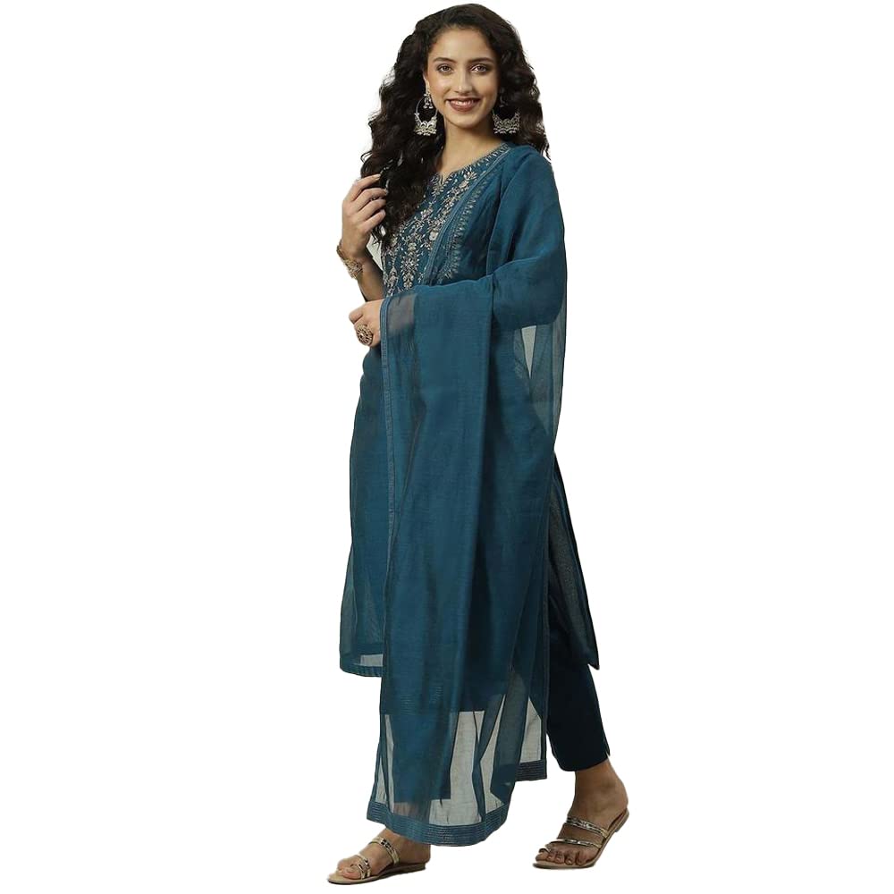 BIBA Polyester Women Solid; Embroidred Narrow Salwar Kurta Dupatta(Skdassorted7678_Blue_32)