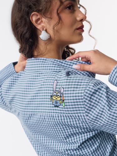 The Souled Store Minions: Bunny Women and Girls Full Sleeves Spread Collar Light Blue and Green Checks Cotton Slim Fit Cropped Lightweight Summer Ready Casual Shirt
