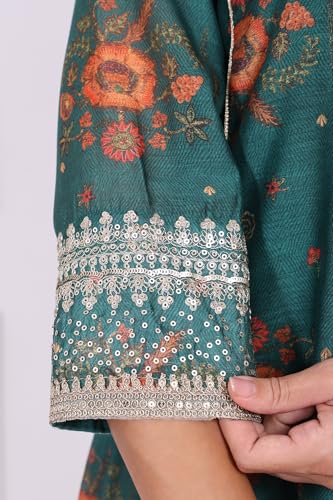 W for Woman Green Floral Printed Sequined Anarkali Kurta, Straight Pants and Dupatta Set - (WS13272-126611-S)