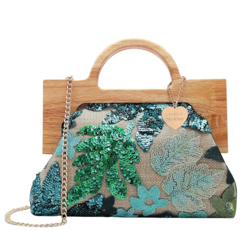 Caprese Emily in Paris Riyo Embroidered Clutch for Women | Medium Handheld Bag with Chain Strap | Faux Leather Evening Clutch | Kiss-Lock Closure | Metal Charm