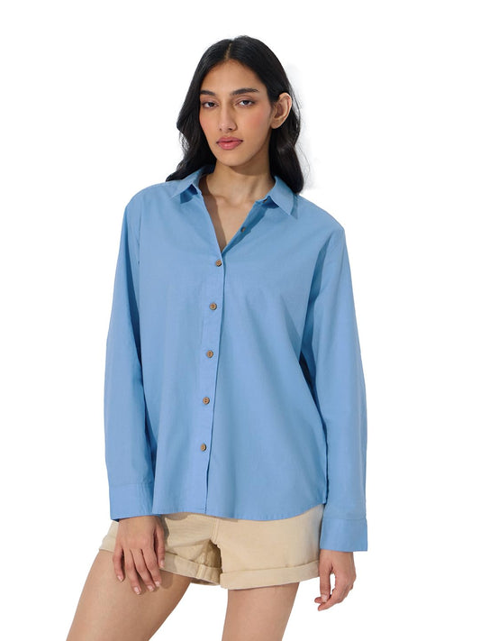 The Souled Store Cotton Linen: Beach Blue Women and Girls Long Sleeves Collared Neck Button Front Blue Embroidered Cotton Linen Boyfriend Shirts