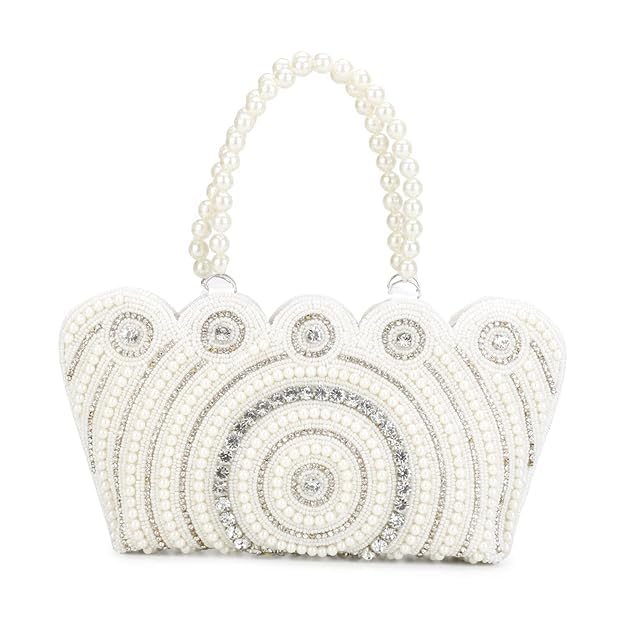 LONGING TO BUY Women's Tote Pearl Clutch Cutest Vintage Style Pearl Tote Wrist Bag Evening Clutch Purse (White Chakri, Zite 10" X 6" Inch)