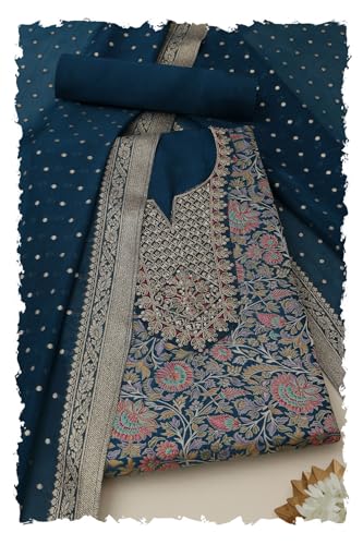 Soch Womens Blue Silk Blend Floral Print Unstitch Dress Material With Sequins