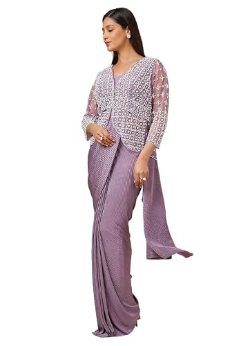 Soch Womens Lavender Satin Embellished Ready-To-Wear Saree With Jacket