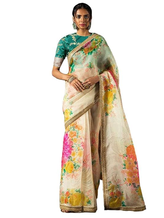Zeel Clothing Women's Floral Organza Saree with Embroidered Blouse (7026-Cream-Saree-Floral-Organza-Women; Cream; Free)