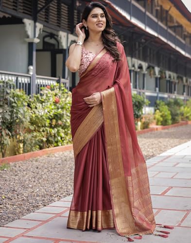 SIRIL Women's Chiffon Jacquard Weaving Saree with Unstitched Blouse Piece (4266S151_Brown)