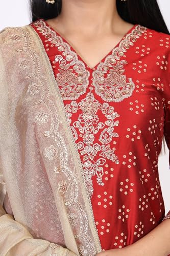 W for Woman Red Bandhni Print Zari Embellished Straight Art Silk Kurta with Sharara and Dupatta Set (WS13171-126692-2XL)