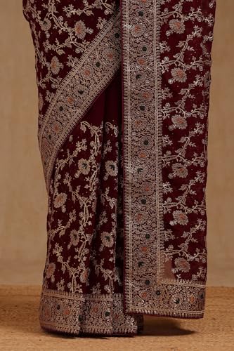 Soch Womens Wine Georgette Embroidered Saree With Stone Work